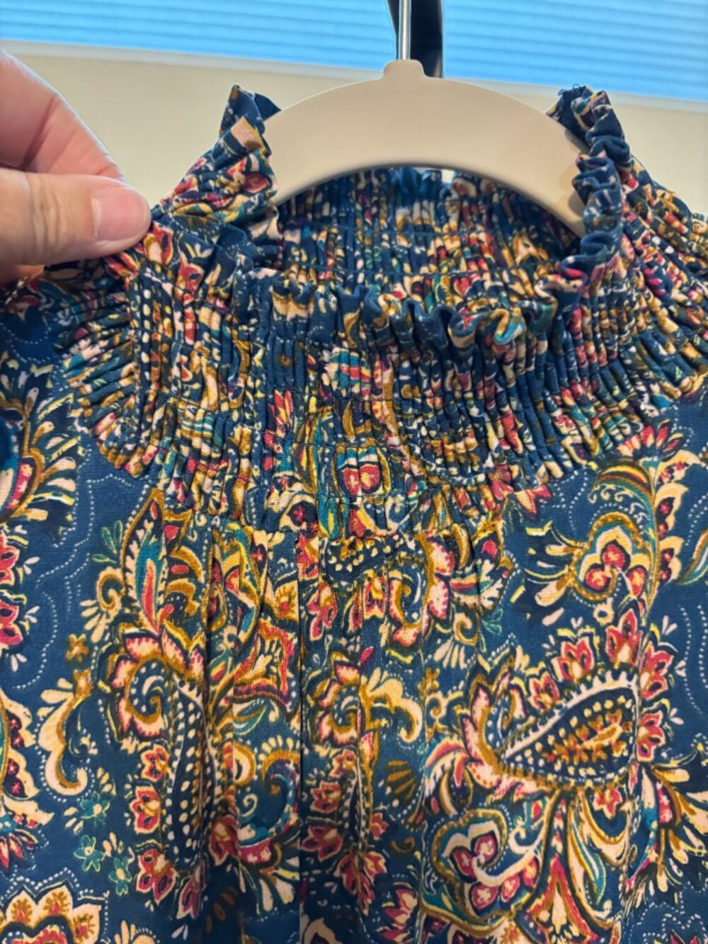 Leota Teal Blue Paisley Smocked Ruffle Neck Long Sleeve Tiered Dress - Picture 5 of 12